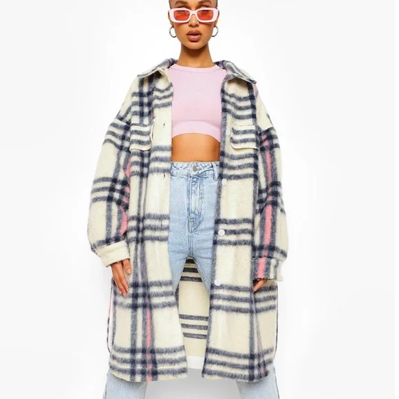 Boohoo Jackets Coats Oversized Long Line Check Shacket